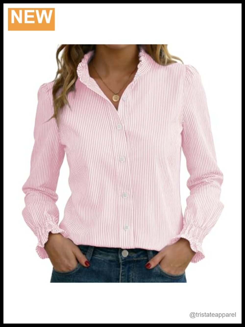 Women's Striped Long Sleeve Button Down Shirt Ruffle Collar Smocked Cuff Blouse